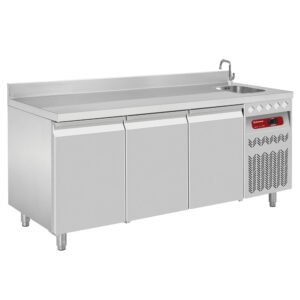 Table frigorifique "murale" ventilée, 3 portes GN 1/1, 405 Lit. avec évier  (DT178/P9A_EV)