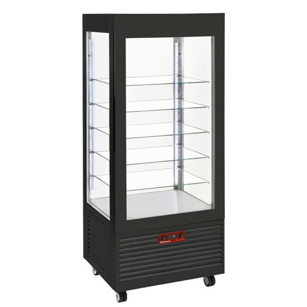 Vitrine 4 faces T° positive, 5 étagères en verre, ventilée, 480 Lit, NOIRE  (INN/VN-B9-R2)