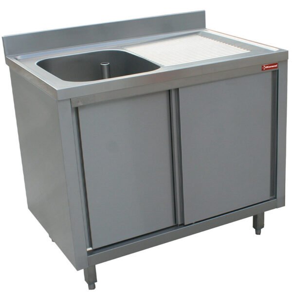 Plonge 1 cuve 600x500x275 égouttoir droit sur armoire 2 portes coulissantes  (L1411D-AS)