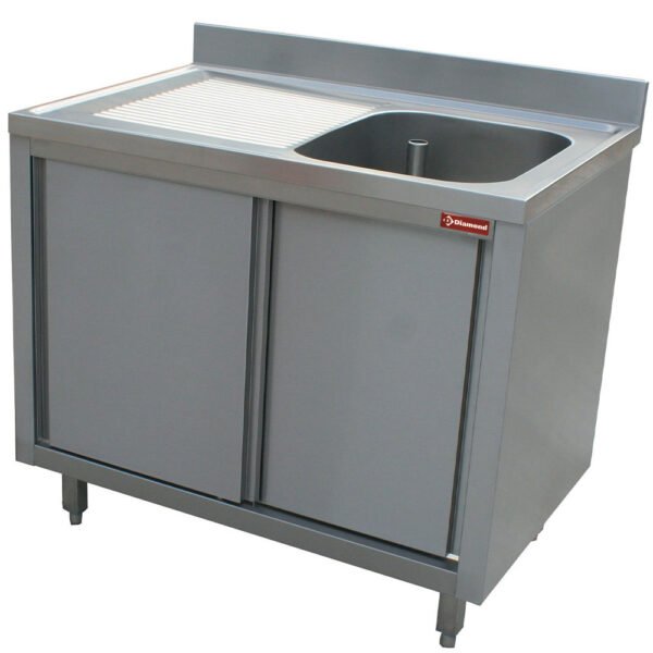Plonge 1 cuve 600x500x275 égouttoir gauche sur armoire 2 portes coulissantes  (L1411S-AS)