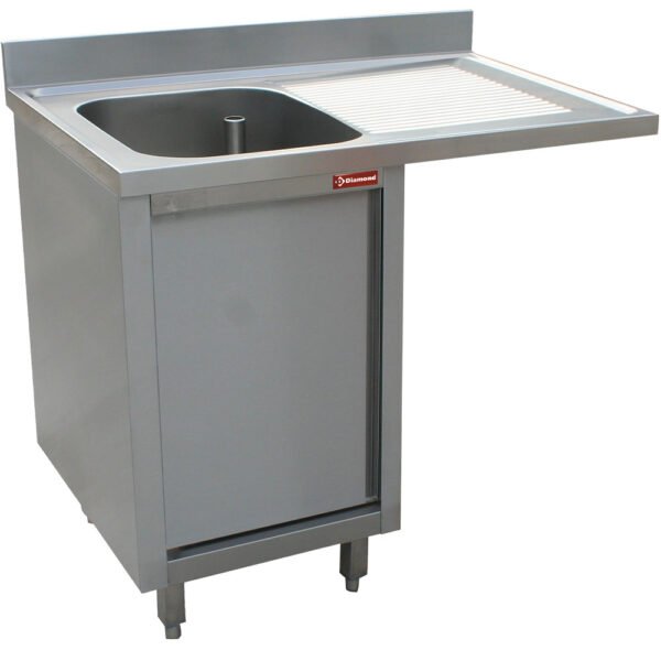 Plonge 1 cuve, égouttoir à droite, sur armoire 1 porte battante et espace lave-vaisselle  (L1411VD-AS)