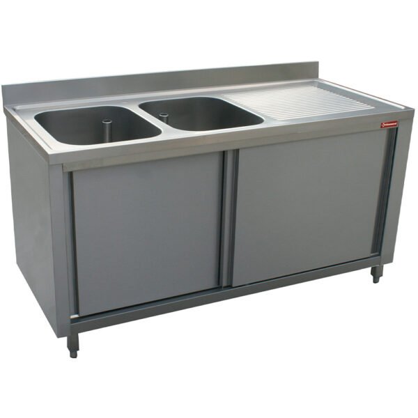 Plonge 2 cuves 600x500x325 égouttoir droit sur armoire 2 portes coulissantes  (L2021D-AS)