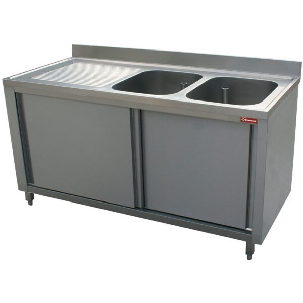 Plonge 2 cuves 400x500x275 égouttoir gauche sur armoire 2 portes coulissantes  (L1621S-AS)