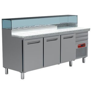 Table frigo pizzeria, 3 portes EN 600x400, 3 tiroirs neutres EN 600x400, structure réfrigérée 8x GN 1/4  (MR-MAXIPIZZA/R2)
