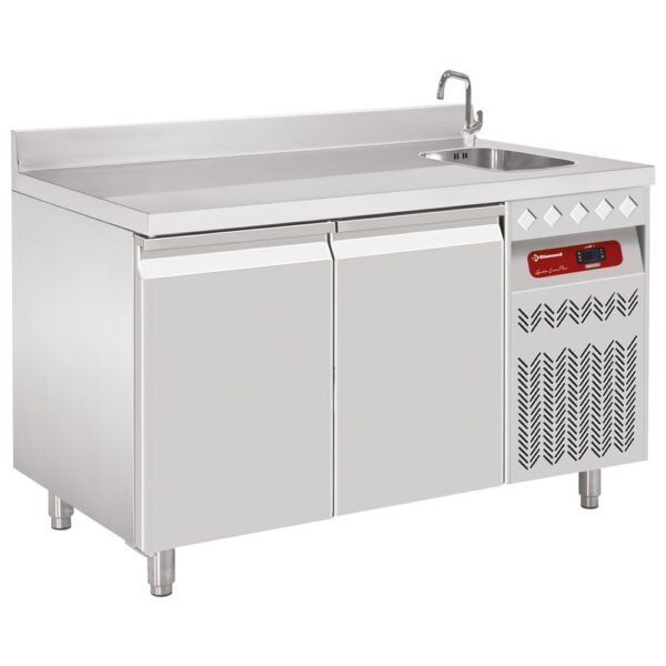 Table frigorifique "murale" ventilée, 2 portes GN 1/1, 260 Lit. avec évier  (DT131/P9A_EV)