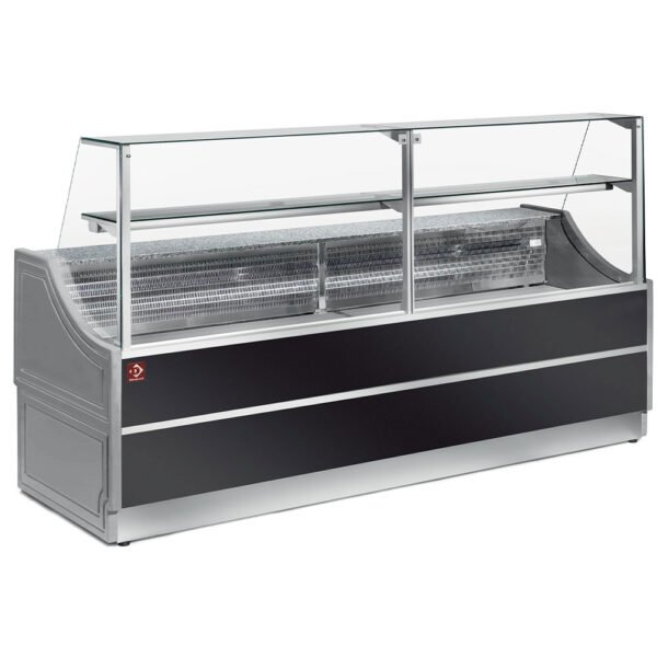 Comptoir vitrine réfrigérée à vitre droite 90°, avec réserve  (OL250/B5-R/R2)