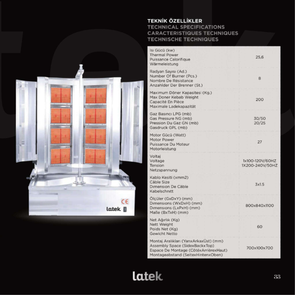 Machine à kebab  8 Feux V8 - 2 x 4 feux gaz (L408V)