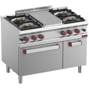 Fourneau 4 feux vifs, plaque à mijoter, four gaz GN 2/1, armoire GN 1/1 (G7/TM4BFA11-N)