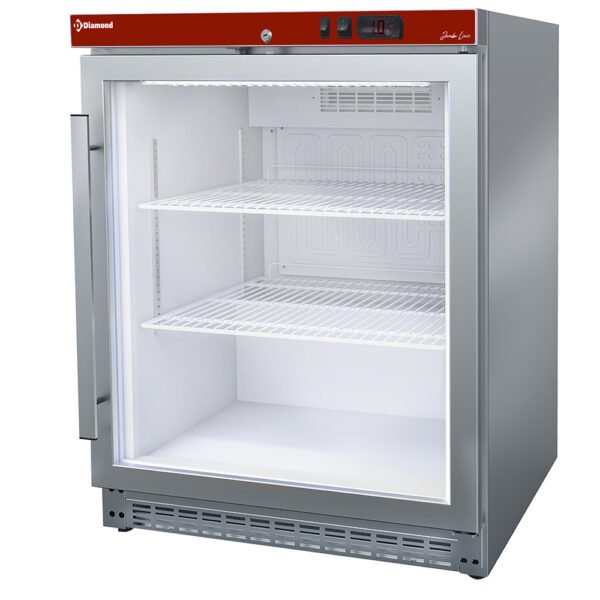 Frigo ventilé, porte vitrée, 150 Lit. acier inox (PV200X/G-R6)